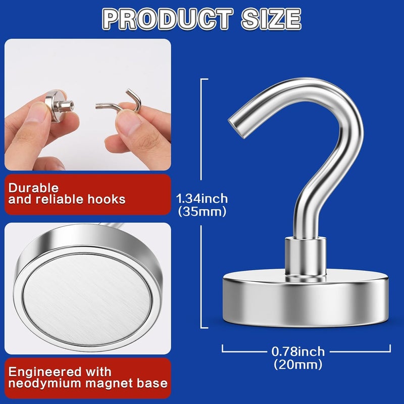 Junarter 6Pack Strong Magnetic Hooks, 35lbs Magnet Hooks Heavy Duty, Metal Magnetic Hooks for Cruise Cabins, Magnet with Hooks, Magnetic Hook for Hanging, Refrigerator, Garage, Outdoor - Image 2